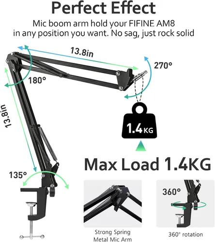 Vista 2 de Brazo de brazo AM8: brazo de micrófono ajustable con funda de cable, brazo de micrófono con adaptador de 3/8 a 5/8 pulgadas compatible