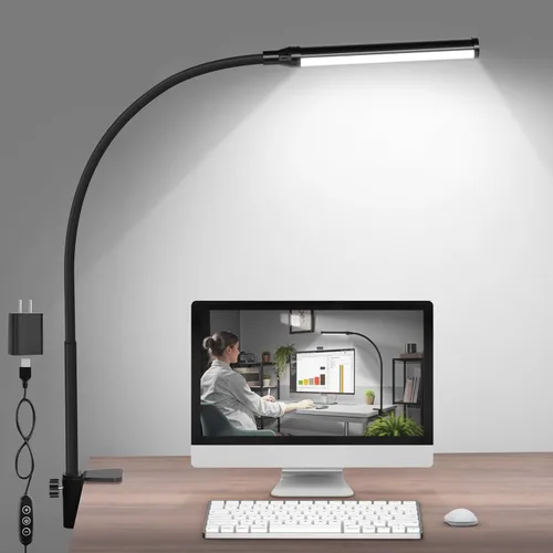 Vista 9 de ShineTech Lámpara de escritorio LED con abrazadera, con clip que cuida los ojos, luz de escritorio con 3 modos de color y atenuación continua