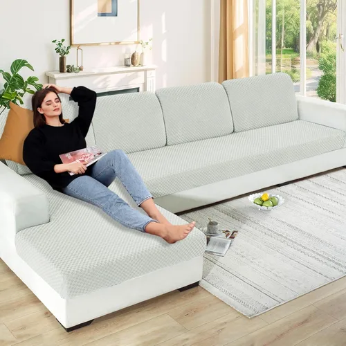 Vista 47 de YEMYHOM Funda de cojín para sofá, funda de cojín de asiento de alta elasticidad, tela jacquard geométrica de felpa, protector de sofá antideslizante