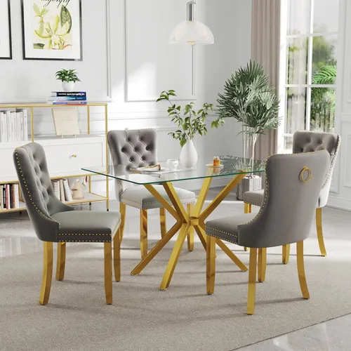 Vista 29 de Juego de comedor moderno de cristal de lujo de 5 piezas, juego de comedor rectangular minimalista para 4, juego de mesa de cocina de vidrio