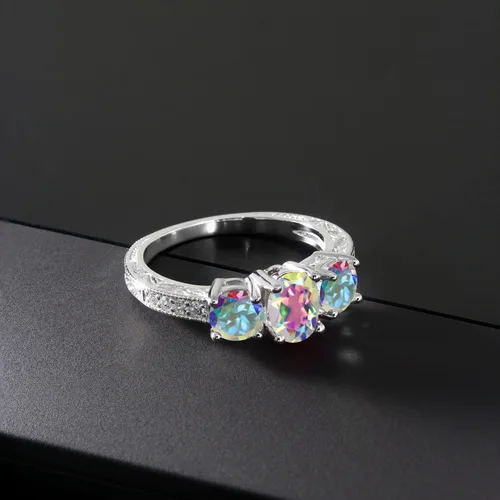 Vista 52 de Gem Stone King Anillo de compromiso de 3 piedras preciosas de oro blanco de 10 quilates con piedra natal y diamantes cultivados en laboratorio