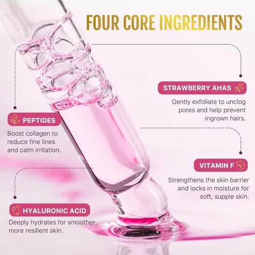 Vista 3 de Aceite para después del afeitado para mujeres para una piel suave, aceite de afeitar de fresa con péptidos y ácido hialurónico, prevención de golpes