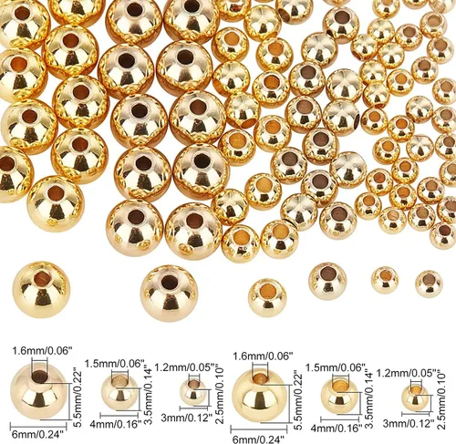 Vista 4 de PH PandaHall 180 cuentas chapadas en oro de 18 quilates, 0.118 in, 0.157 in y 0.236 in, cuentas espaciadoras de metal liso, bola de oro sin