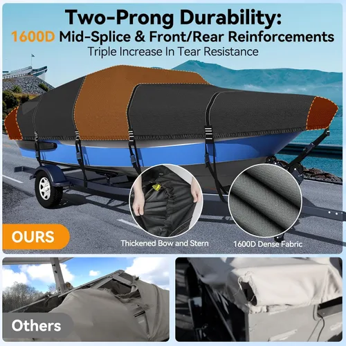 Vista 5 de Funda para barco 1600D + 1200D con bucles de 2 pulgadas de ancho para remolque y amarre, ultraduradera, impermeable, se adapta a Tri-Hull, V-Hull