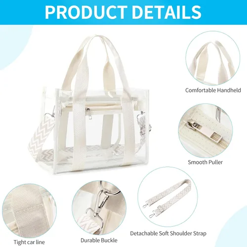 Vista 5 de Bolsa transparente UEOE para eventos en estadios, gran bolso de mano transparente con bolsa con cremallera exterior e interior para eventos