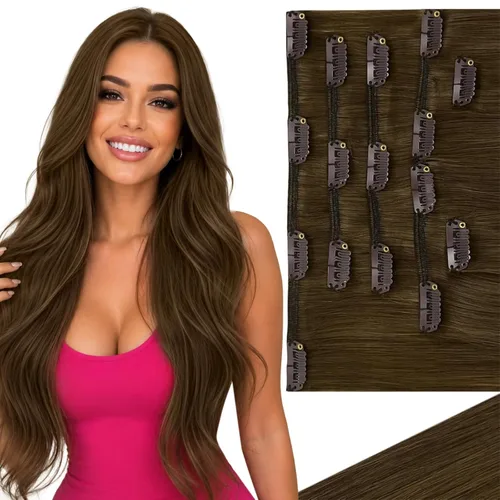 Vista 55 de Ve Sunny Extensiones de cabello clip-in de cabello humano real con reflejos, extensiones de cabello con clip para cabello corto, marrón oscuro
