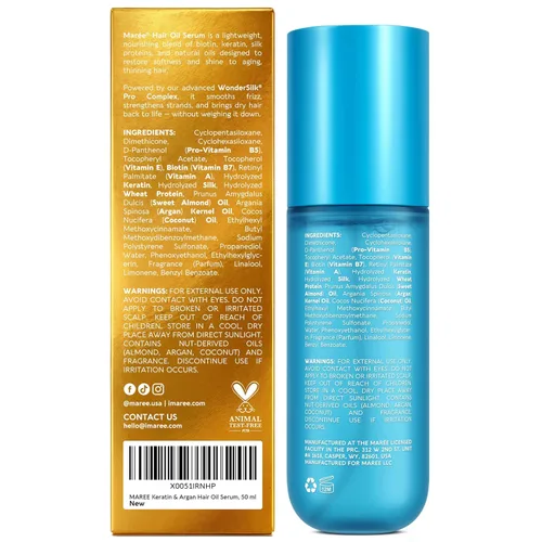 Vista 12 de MAREE Aceite para el cabello encrespado con aceite de argán, queratina y biotina – Suero capilar para brillo de cabello seco y rizado – Productos