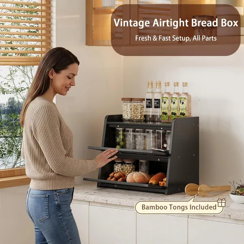 Vista 3 de Panera de bambú grande de doble capa para encimera de cocina, contenedor de almacenamiento de pan de gran capacidad de madera con soporte para pan