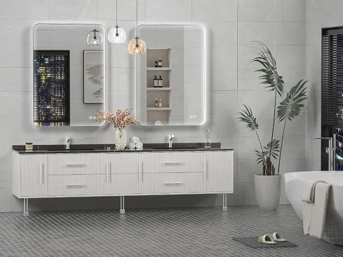 Vista 6 de Espejo de baño LED de 20 x 28 pulgadas con luces, marco plateado rectangular redondeado con diseño de tira de luz incrustada, 3 colores y regulable