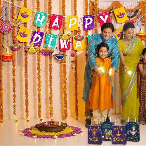 Vista 4 de Paquete de 12 bolsas de regalo con palabras de Diwali Happy Diwali, bolsa de regalo para festival de luces, bolsas de regalo de dulces con asas