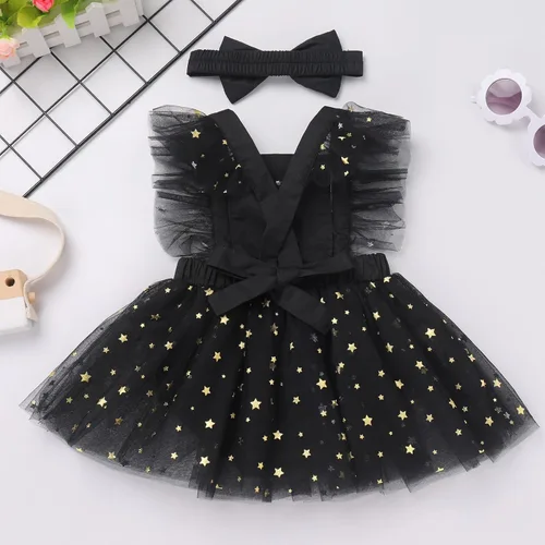Vista 3 de Traje de bebé recién nacida para el primer cumpleaños, vestido de príncipes, diadema de encaje, volantes, estrellas brillantes, para sesión de fotos