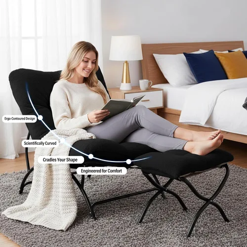 Vista 4 de Tiita - Silla acentuada perezosa con otomana, cómoda silla de ocio con estructura metálica y tela de felpa, silla reclinable acogedora con asiento