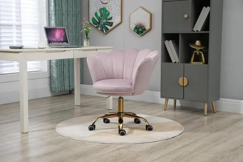 Vista 5 de Silla cómoda de oficina en casa con ruedas, linda silla de escritorio de tocador giratoria ajustable de terciopelo con respaldo de concha marina