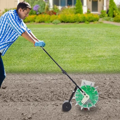 Vista 2 de TFCFL Sembradora manual de precisión, sembradora de semillas de jardín, sembradora de rodillo de empuje manual con 12 placas de semillas