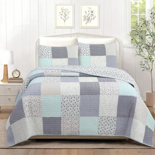 Vista 8 de Cozy Line Home Fashions Juego de ropa de cama de retazos reales a cuadros y rayas verdes, amarillos y azules, 100% algodón, colcha reversible