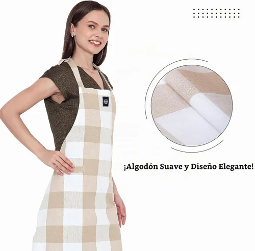 Vista 7 de Encasa XO Delantales de cocina de algodón para mujeres y hombres con bolsillo y bucle para toalla, correa ajustable para cuello y espalda