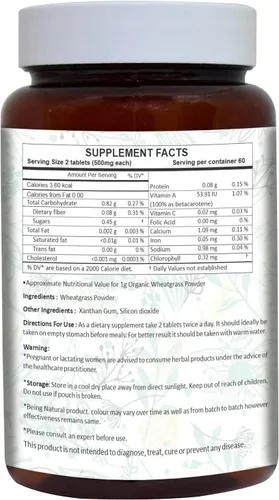 Vista 2 de Wheatgrass Tablets Suplementos herbales 120 Count 500 mg