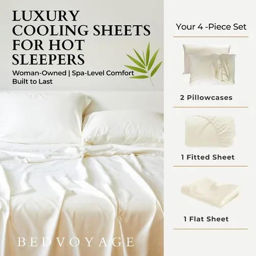 Vista 9 de BedVoyage Sábanas refrescantes tamaño Queen – Viscosa de bambú, juego de sábanas para personas que duermen con calor, bolsillo profundo de 18 Marfil