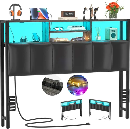 Vista 10 de Cabecero Aheaplus para Cama Individual con Almacenamiento, Cabeceros con Enchufes, Puertos USB y Luz LED, Cabecero Individual Solo, Altura