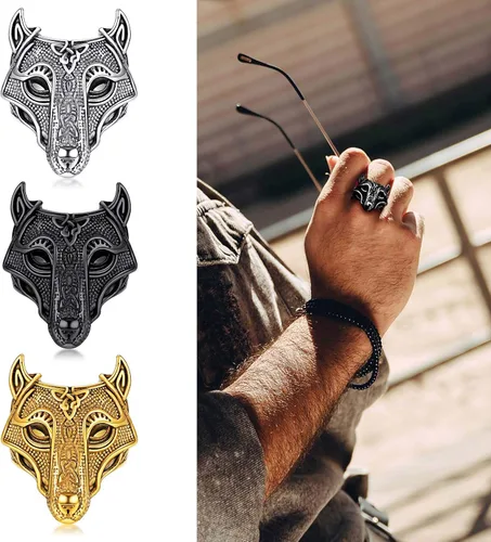 Vista 2 de FaithHeart Norse Viking Jewelry - Anillo de acero inoxidable de guerrero para hombre con diseño vikingo de cabeza de lobomartillo de Thor