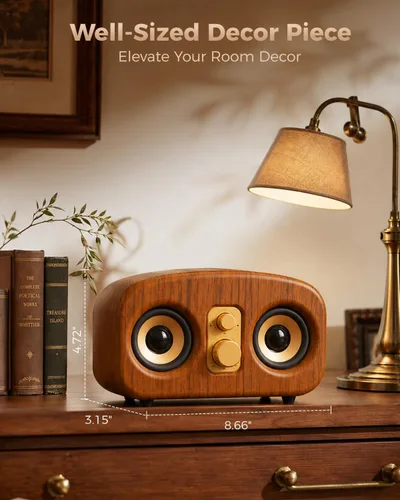 Vista 5 de LENURE Altavoz Bluetooth retro, sonido rico de 20 W, tiempo de reproducción Marrón