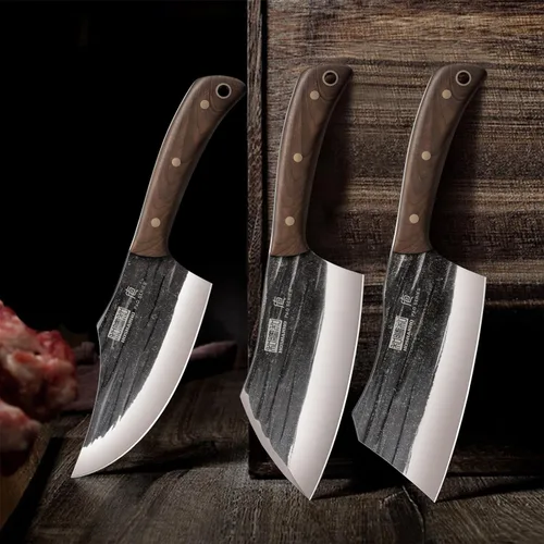 Vista 6 de HOSHANHO Juego de Cuchillos de Carnicero, Juego de Cuchillos de Chef Serbios de Acero de Alto Carbono de 3 Piezas con Cuchillo de Deshuesar