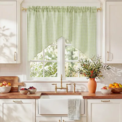 Vista 23 de RYB HOME - Cortinas de café de 24 pulgadas de largo, cortinas cortas de lino traslúcidas para ventana pequeña, cortina de media privacidad con Angora