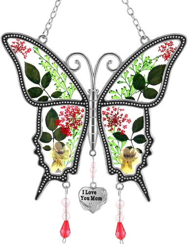 Vista 11 de KY&BOSAM Atrapasoles de cristal pintado a mano con cabeza de caballo, campanilla de viento con flor prensada incrustada en ventana de cristal, Día
