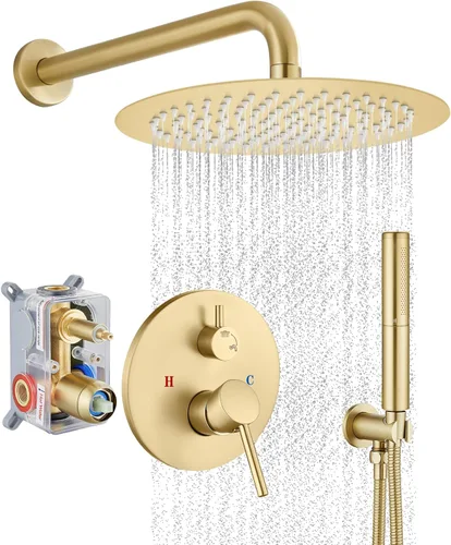 Vista 17 de Airuida Juego de grifo de ducha, sistema de ducha dorado cepillado de 8 Oro cepillado