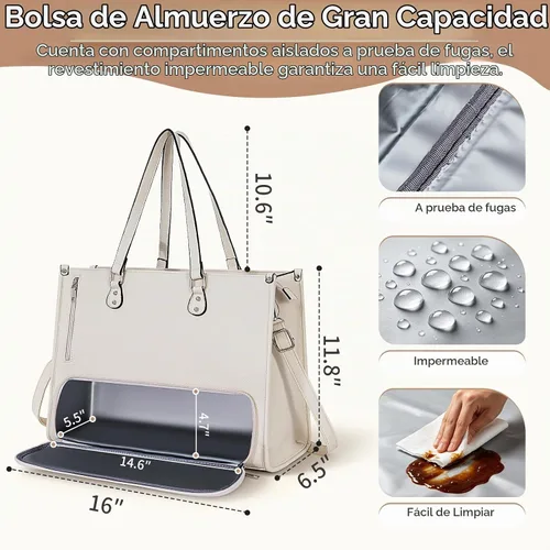 Vista 3 de Laptop Tote Bag for Women, Large Leather Computer Bag for Business Work Beige - Almuerzo
