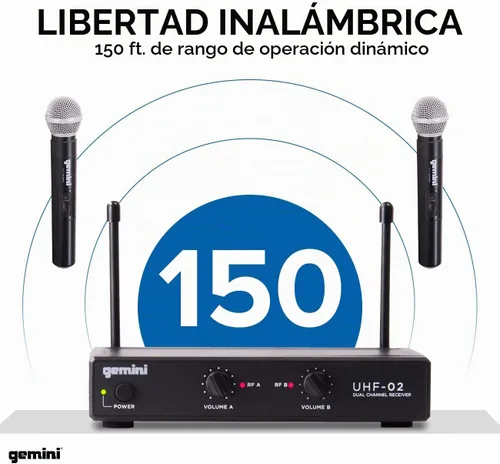 Vista 4 de Gemini Sistema de micrófono de mano UHF de doble canal (UHF-02M-S12) Dual-channel UHF handheld mics, 517-521 MHz - 150 ft range - dual volume