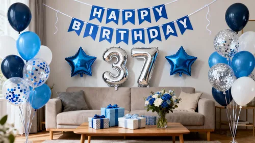Vista 7 de Decoración de fiesta de cumpleaños número 30 para hombres, pancarta de feliz cumpleaños, color azul, plateado, número 30, globos de papel