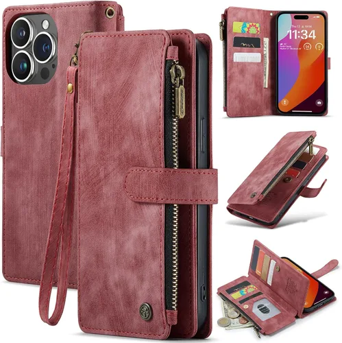 Vista 8 de CaseMe - Funda tipo cartera para iPhone 15 Pro Max, multifunción, hecha a mano, de piel sintética, con cremallera, a prueba de golpes, con cierre