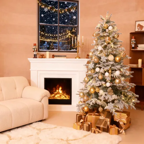 Vista 12 de HipTree Árbol de Navidad artificial de 1.8 m con nieve flocada y 200 luces LED de doble color, árbol de Navidad blanco iluminado para decoración