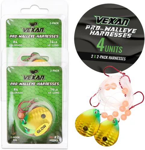 Vista 7 de Vexan Glow Walleye Spinner Rig - Live Bait Fishing Rig for Walleye with UV Glow Beads, #4 Colorado Spinning Plates, #2 Red J-Hook Setup, 48” Mono