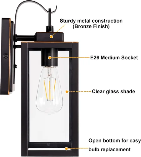 Vista 2 de GRUENLICH Farol de pared para exteriores, aplique de pared para iluminación de porche, base E26 máx. 60 W, carcasa de metal más vidrio, acabado