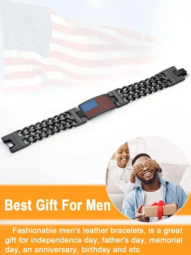 Vista 4 de U7 Bracelets for Men American Flag Bracelets 4th of July Jewelry Leather Wristband Stainless Steel18K Gold PlatedBlack Cuban Link Chain Bracelets