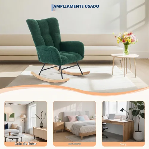 Vista 8 de Mecedora deslizadora tapizada con patas de madera para sala de estar, dormitorio, cuarto de bebé, incluye bolsillos laterales