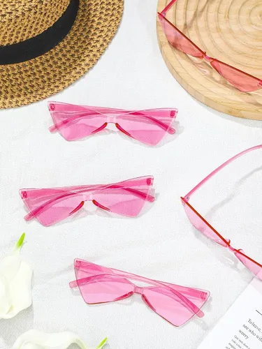 Vista 7 de Geyoga 12 lentes de sol triangulares rosados sin montura transparentes de caramelo, lentes de sol retro de discoteca para mujeres y hombres