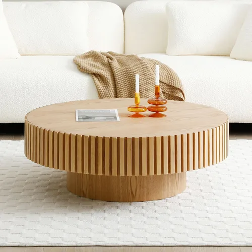 Vista 3 de Mesa de centro redonda acanalada de 31.49 pulgadas para sala de estar, mesa de café moderna de mediados de siglo con pedestal resistente, mesa