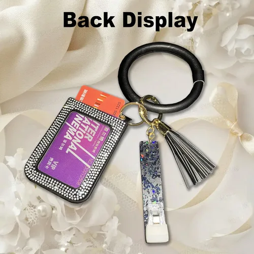 Vista 3 de Pulsera de pulsera, llavero, bolsillo para tarjetas de crédito, monedero, cristal brillante para mujer, llavero con borla, llavero, llavero, 7.5*10cm