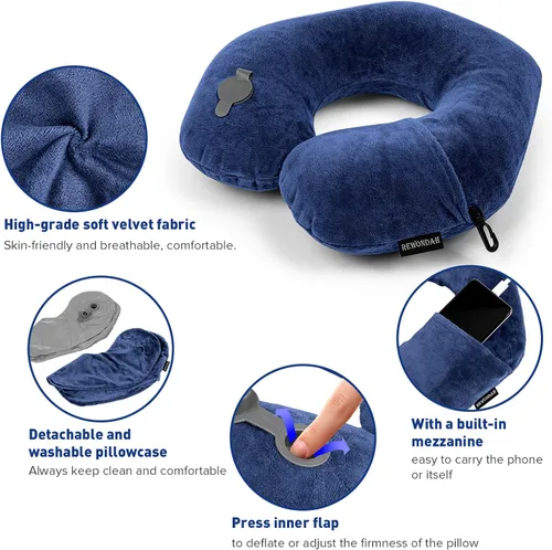Vista 3 de Almohadas de cuello Rewondah para viajar, almohada de viaje inflable, almohada de cuello inflable para viajar en avión con cubierta lavable