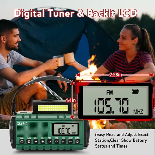 Vista 5 de Radio de emergencia NOAA de alerta meteorológica con energía solar y manivela de mano USB-C carga portátil radio AM/FM 3W, lámpara de lectura