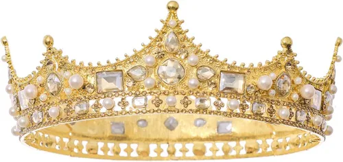 Vista 9 de FORSEVEN Corona de rey para hombre, tiaras de boda de perlas de cristal, para fiesta de cumpleaños, coronas redondas de Navidad Negro