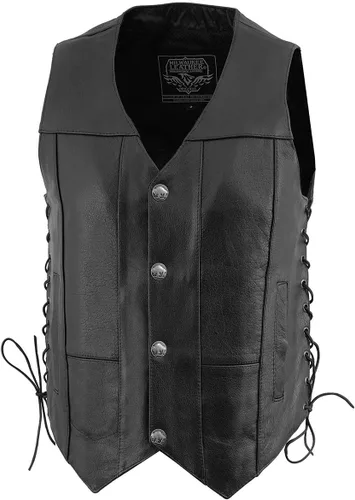 Vista 5 de Milwaukee Leather LKM3701 Chaleco clásico de cuero negro para hombre con cuello en V estilo motero con broches de búfalo y cordones laterales