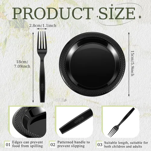 Vista 2 de Hushee 600 platos de postre de plástico negro de 6 pulgadas con tenedores de 7 pulgadas para aperitivo de pastel, 300 platos pequeños desechables