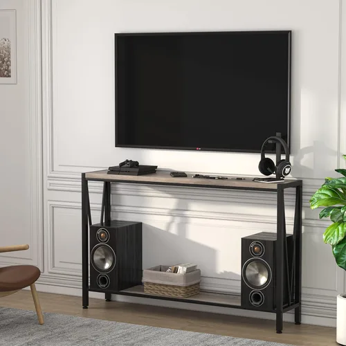 Vista 6 de IDEALHOUSE Mesa consola gris, mesa de entrada gris de 42.9 pulgadas con almacenamiento, mesa de sofá larga estrecha de 2 niveles de madera y metal