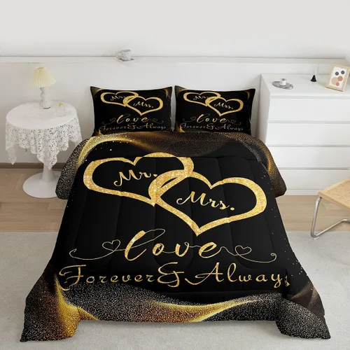 Vista 2 de Erosebridal Juego de edredón para parejas, juego de ropa de cama tamaño individual con lentejuelas doradas con purpurina dorada, edredón acolchado