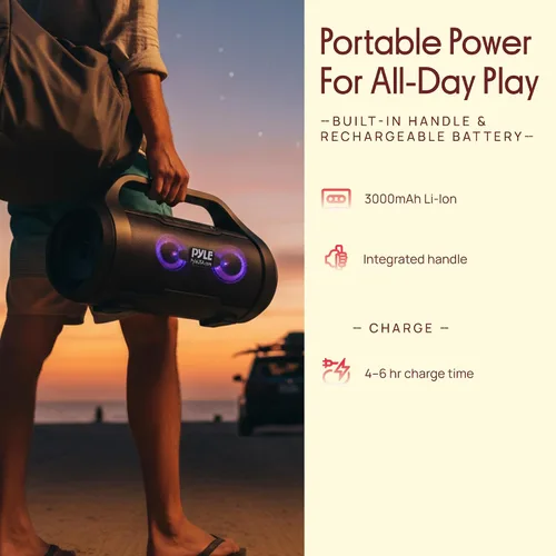 Vista 5 de Pyle Altavoz portátil Bluetooth Boombox – 40 W de potencia máxima, 2.0 canales recargable estilo barril altavoz con TWS, luces LED – entrada AUX