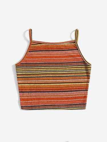 Vista 2 de MakeMeChic Camiseta corta a rayas para mujer, estilo casual, tirantes delgados, chaleco sin mangas